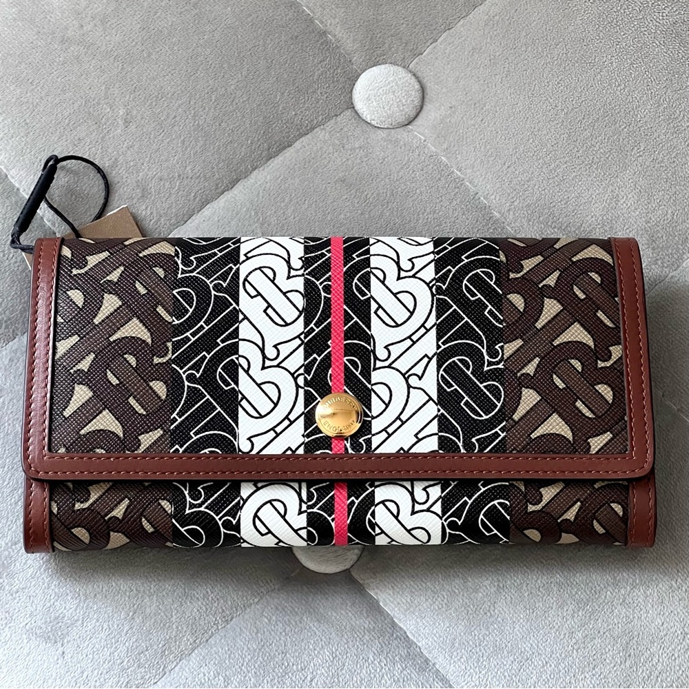 Burberry E-Canvas TB Monogram Stripe Continental Wallet In Bridle Brown